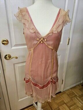Vintage NATAYA Free People Dusty Rose Blush Pink Silk Ruffled Mini Dress